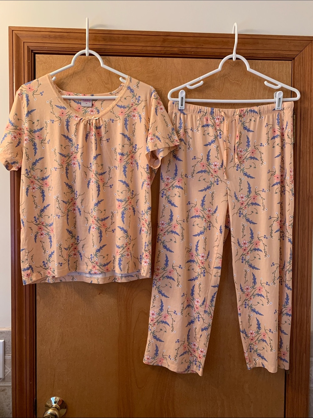 Women’s Peach Floral Pajama Set - Short Sleeve Top & Pants
